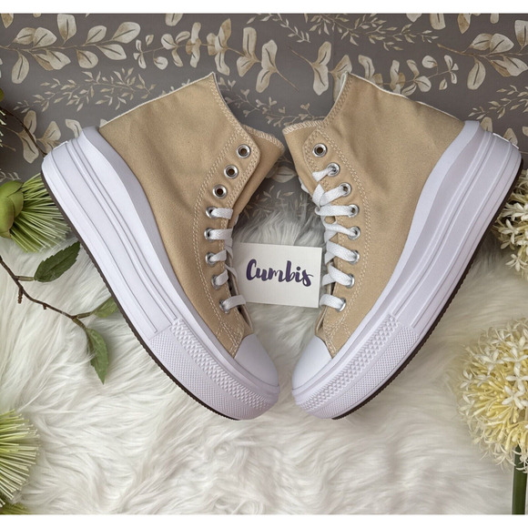 Converse by YOU Chuck Taylor All Star Hi Top Move Shoes Size Women' 7 Tan/ White - Picture 2 of 9